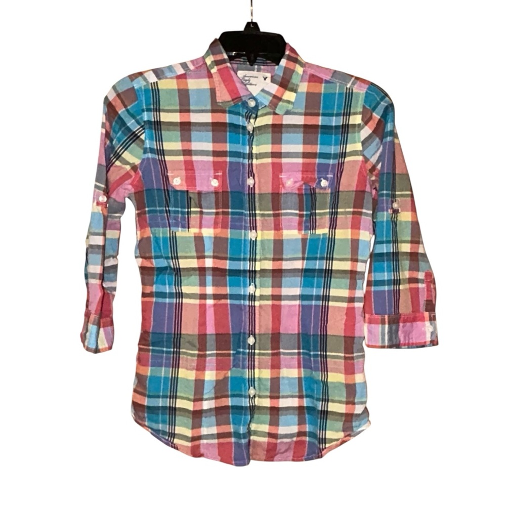American Eagle Womens Colorful Plaid Button Down Shirt Cotton Medium‎ Roll Tab